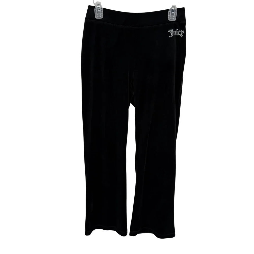Juicy Couture Black Velour Track Pants Rhinestone‎ Logo Size S Y2K Hi Rise Waist